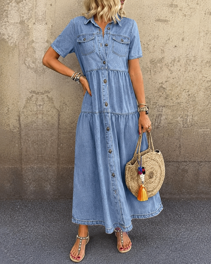 Kerry – Denim Midi Dress with Tummy Coverage