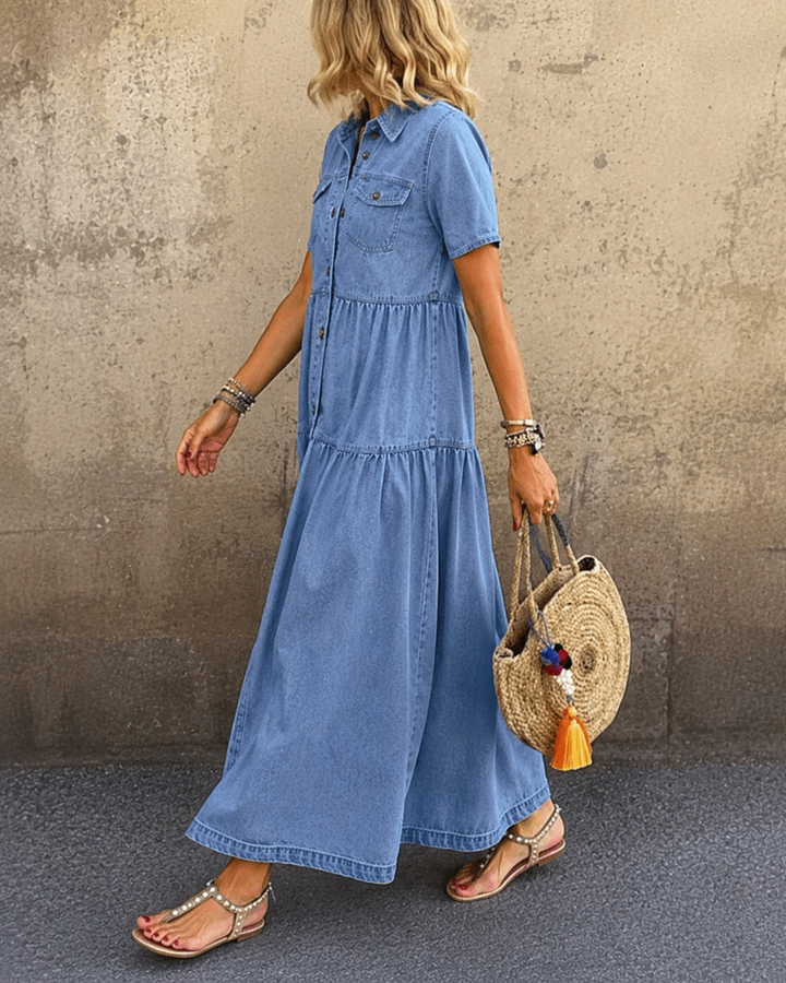 Kerry – Denim Midi Dress with Tummy Coverage