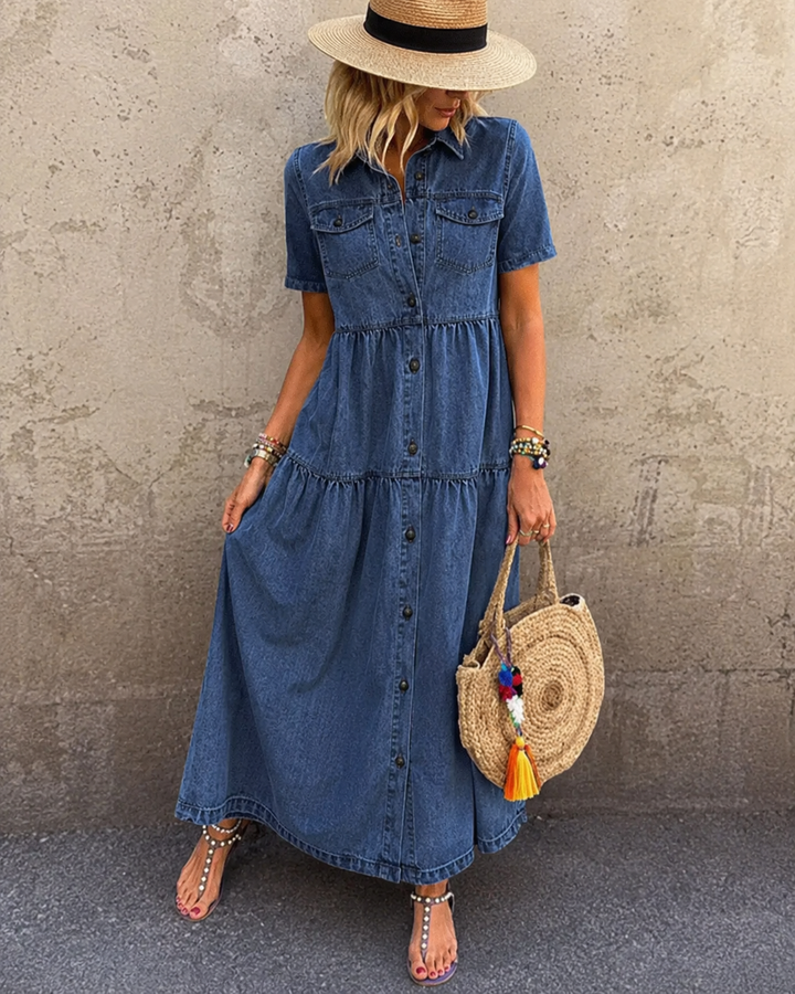 Kerry – Denim Midi Dress with Tummy Coverage