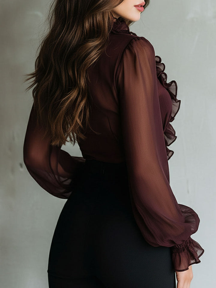 Retro Plum Sheer Ruffled Tie-Front Chiffon Blouse